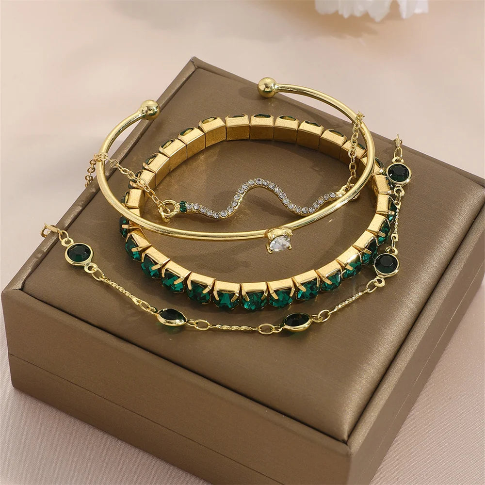 4Pcs/Set Fashionable Snake Imitation Gemstone Bangle Rhinestone Full Metal Bracelet For Women