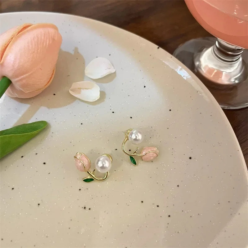 Sweet Cute Enamel Pearl Tulip Flower Stud Earrings for Women Korean Temperament Back Hanging Earring Fashion Jewelry
