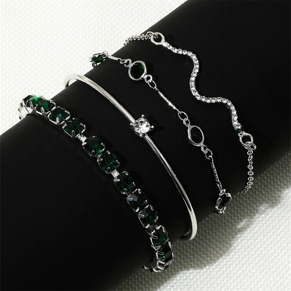 4Pcs/Set Fashionable Snake Imitation Gemstone Bangle Rhinestone Full Metal Bracelet For Women