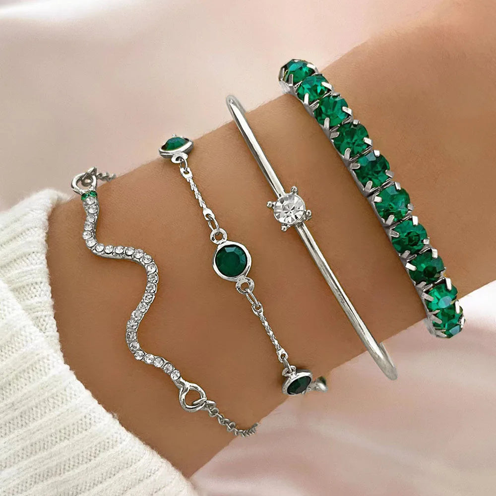 4Pcs/Set Fashionable Snake Imitation Gemstone Bangle Rhinestone Full Metal Bracelet For Women