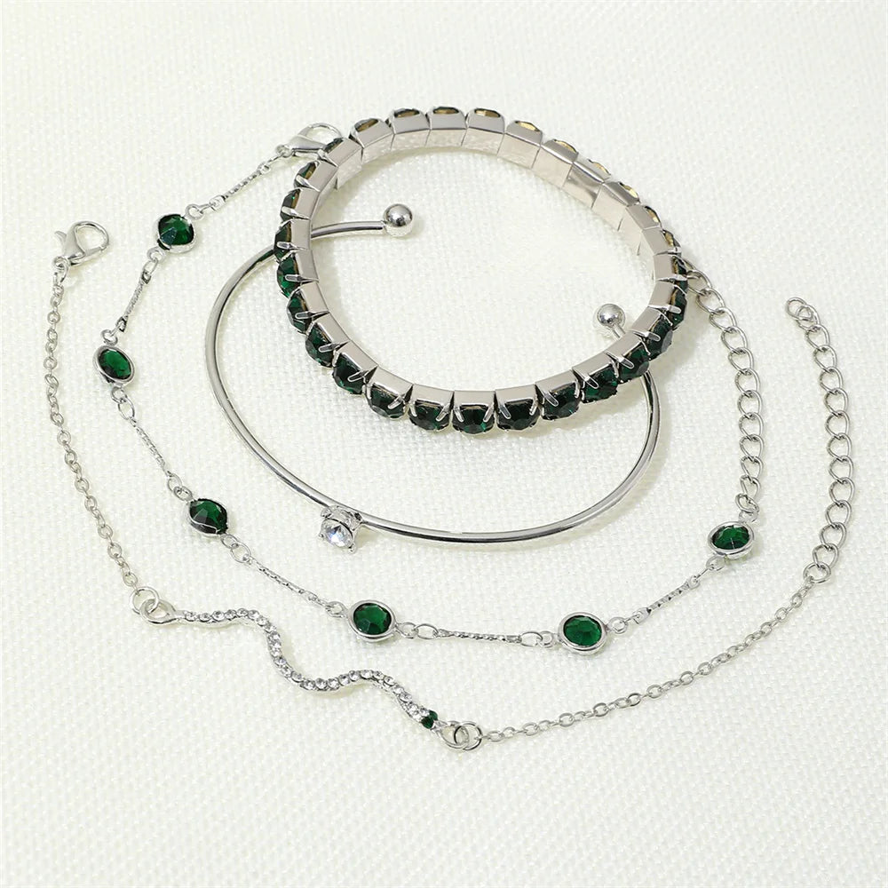 4Pcs/Set Fashionable Snake Imitation Gemstone Bangle Rhinestone Full Metal Bracelet For Women