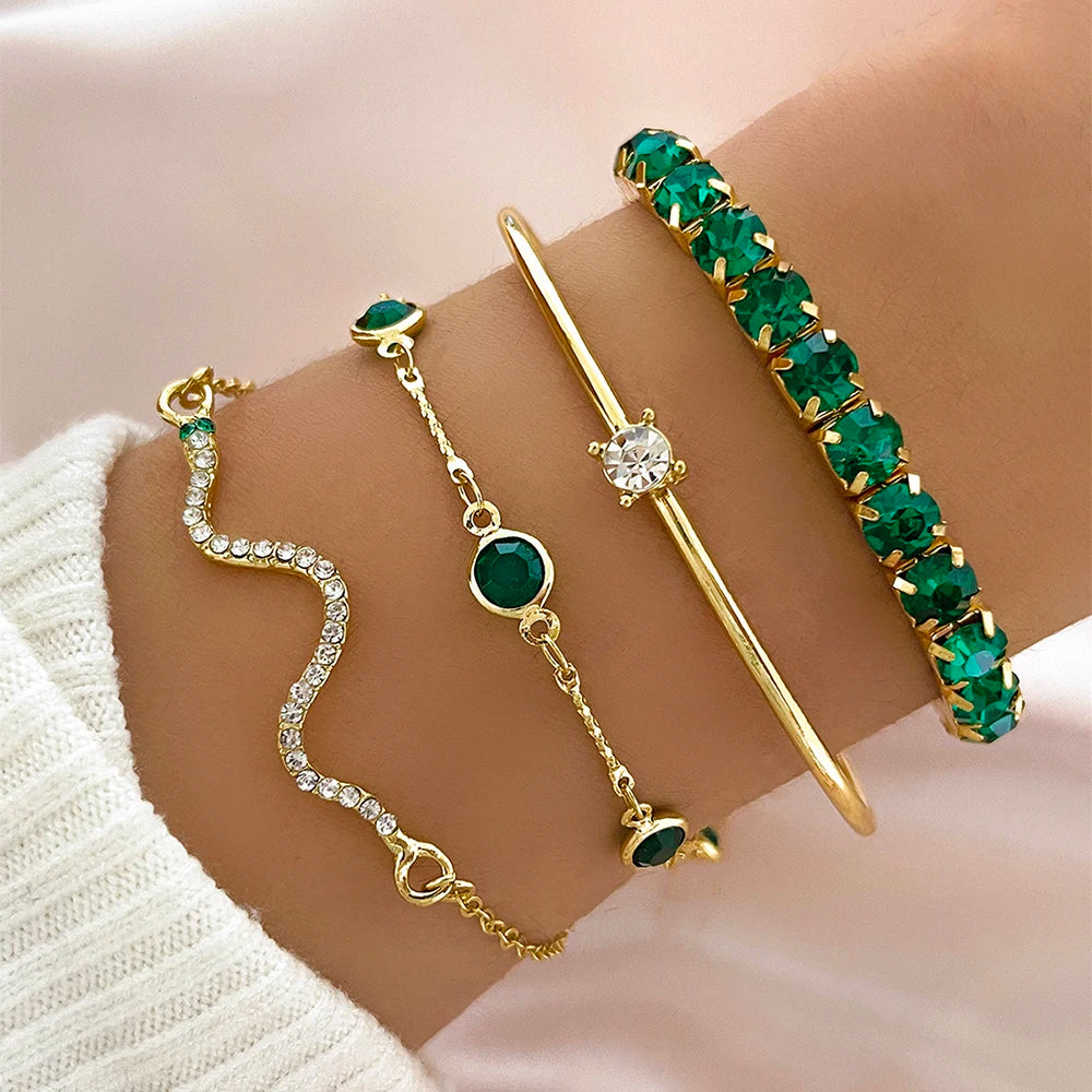 4Pcs/Set Fashionable Snake Imitation Gemstone Bangle Rhinestone Full Metal Bracelet For Women