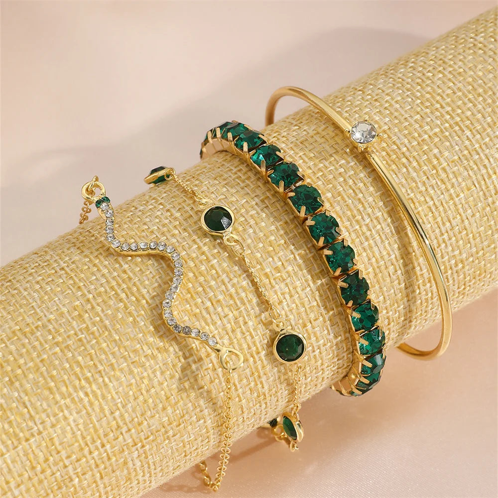 4Pcs/Set Fashionable Snake Imitation Gemstone Bangle Rhinestone Full Metal Bracelet For Women