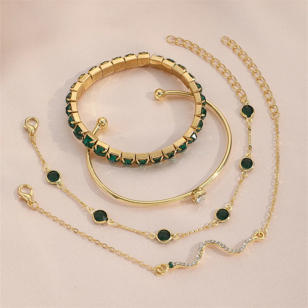 4Pcs/Set Fashionable Snake Imitation Gemstone Bangle Rhinestone Full Metal Bracelet For Women