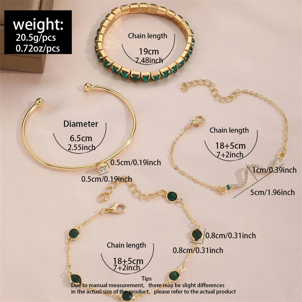 4Pcs/Set Fashionable Snake Imitation Gemstone Bangle Rhinestone Full Metal Bracelet For Women
